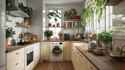 A kitchen with a washing machine and sink in it, AI