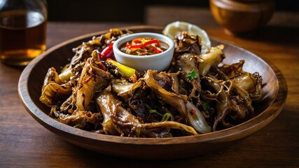 dinakdakan ilocano dish made from grilled pork parts Filipino dish served aesthetically in wooden plate and table