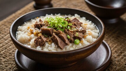 goto rice porridge with beef tripe and sometimes beef Filipino dish served aesthetically in wooden plate and table