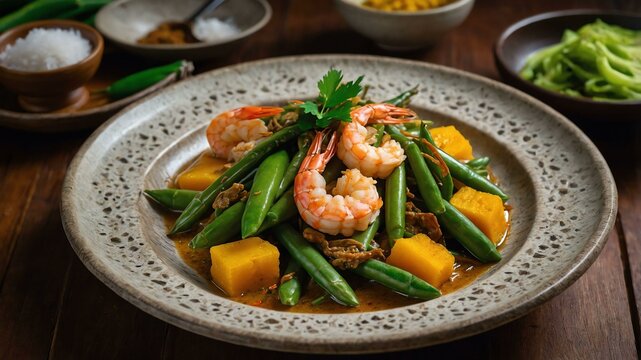 ginataang sitaw at kalabasa string beans and squash c Filipino dish served aesthetically in wooden plate and table