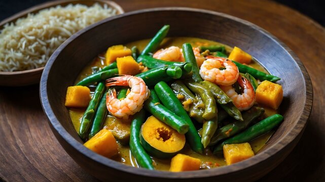 ginataang sitaw at kalabasa string beans and squash c Filipino dish served aesthetically in wooden plate and table