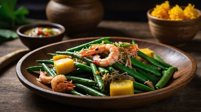 ginataang sitaw at kalabasa string beans and squash c Filipino dish served aesthetically in wooden plate and table