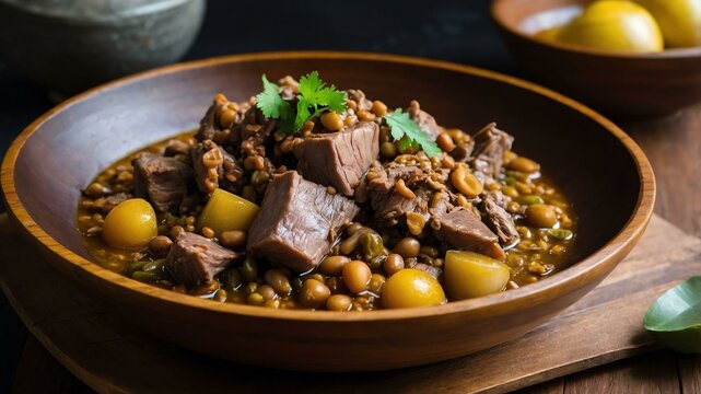 kadyos baboy langka ilonggo dish made with pigeon pea Filipino dish served aesthetically in wooden plate and table