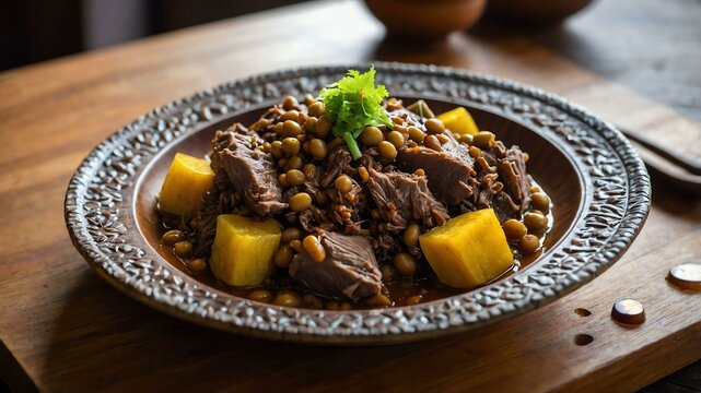 kadyos baboy langka ilonggo dish made with pigeon pea Filipino dish served aesthetically in wooden plate and table