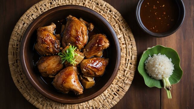 inadobo na manok chicken cooked in vinegar soy sauce Filipino dish served aesthetically in wooden plate and table