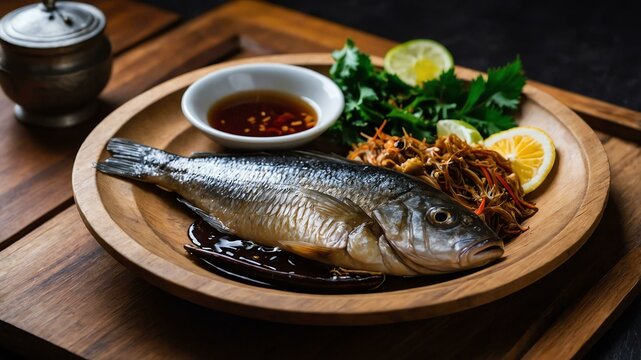 paksiw na isda fish such as bangus or tilapia cooked Filipino dish served aesthetically in wooden plate and table