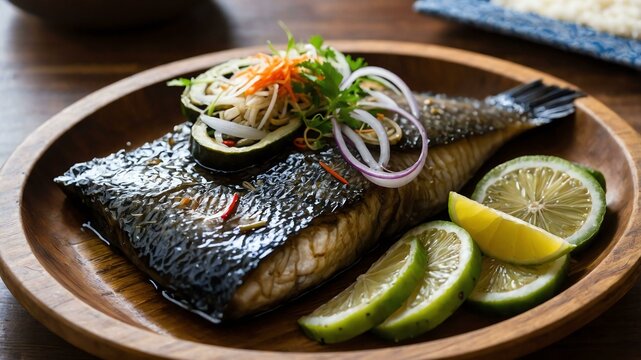paksiw na isda fish such as bangus or tilapia cooked Filipino dish served aesthetically in wooden plate and table