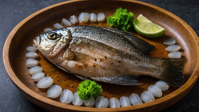paksiw na isda fish such as bangus or tilapia cooked Filipino dish served aesthetically in wooden plate and table
