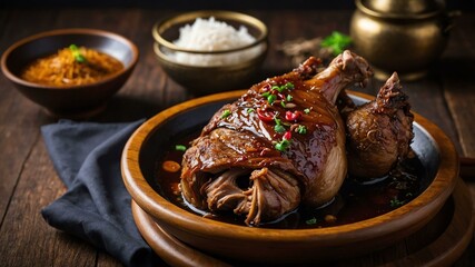 pata tim braised pork leg pata cooked in soy sauce oy Filipino dish served aesthetically in wooden plate and table