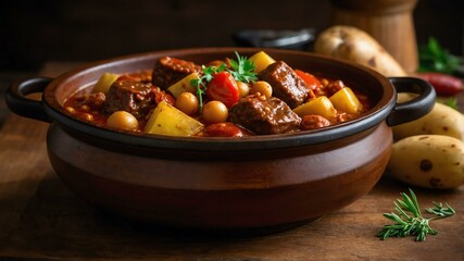 pochero beef stew with chorizo spanish sausage tomato Filipino dish served aesthetically in wooden plate and table