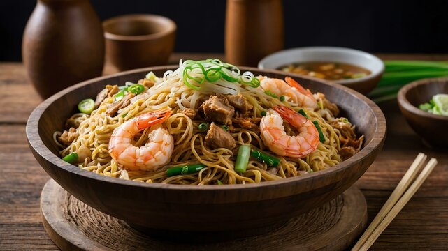 pansit tuguegarao tuguegarao specialty pancit made wi Filipino dish served aesthetically in wooden plate and table