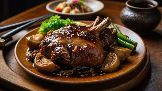pata tim braised pork leg pata cooked in soy sauce oy Filipino dish served aesthetically in wooden plate and table