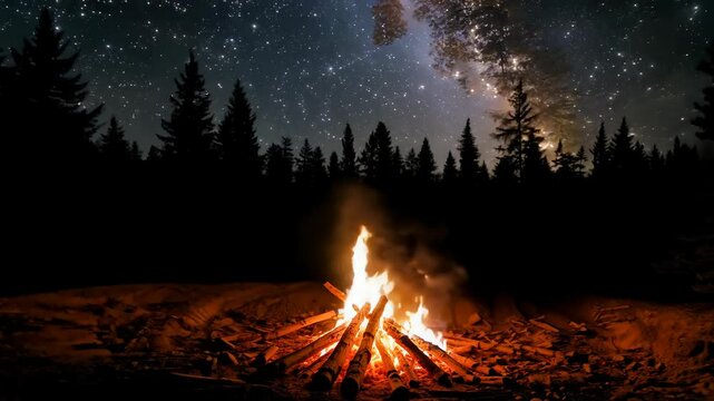 Starlit sky over a cozy campfire in the forest