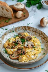 Gastronomic Delight - Revuelto de Setas (Scrambled Eggs with Mushrooms) on Pastel Background under Clear Light