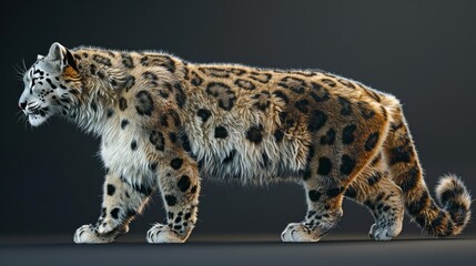 Majestic snow leopard in a confident stride, rendered with exquisite detail and realism