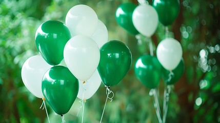 Green and white balloons floating against a serene backdrop, with ample space for Pakistan Independence Day text.