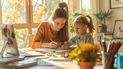 Fototapeta premium Mother and daughter doing homework together at home desk 