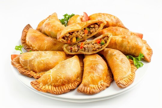Delicious Platter of Empanadas with Meat and Vegetable Fillings on White Background under Clear Lighting