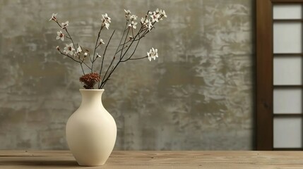   A white vase sits atop a wooden table, nestled beside a vase filled with white blossoms on the same wooden surface