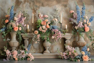 Fototapeta premium Elegant floral arrangement with pink, blue, and peach flowers in vases against a vintage wall, adorned with candles.