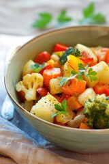 Delicious Menestra de Verduras Vegetable Stew in a Bowl with Pastel Background and Natural Light