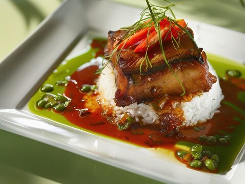 Authentic Cazon en Adobo - Traditional Spanish Marinated Dogfish Dish on Green Background with Clear Light