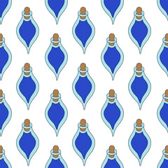 Seamless Pattern. Bottle of blue poison with cork. Halloween witch equipment background. Vector flat illustration.