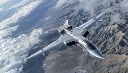Fototapeta premium Futuristic fighter jet soars above the clouds and mountains in a breathtaking display of speed and power.
