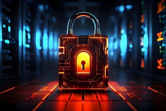 A glowing padlock in a high-tech server room, symbolizing advanced cyber security measures and data protection - Personal data privacy/cyber security.
