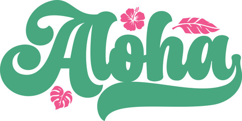 Fototapeta premium Aloha typography design on plain white transparent isolated background for card, shirt, hoodie, sweatshirt, apparel, tag, mug, icon, poster or badge