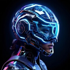 A high-tech female cyberpunk  with a detailed helmet is portrayed Artificial Intelligence 