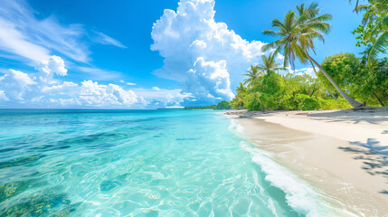 Fototapeta premium Tropical beach with clear water, palm trees, and fluffy clouds.
