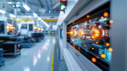 A factory floor with a large monitor showing a computerized image of a car