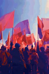 Vibrant Political Rally with People Holding Banners and Flags on a Pastel Background under Clear Light