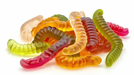 Assorted gummy worms, isolated on a bright white backdrop.