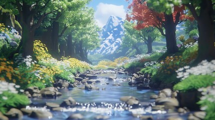   A painting of a stream flowing through a dense forest filled with colorful blooms and towering trees, framed by a majestic mountain
