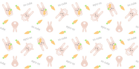 Sitting beige rabbits among carrots and so cute inscriptions on a white background. Kids endless texture with adorable animal. Vector seamless pattern for wrapping paper, giftwrap and surface texture