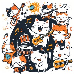 A group of cartoonish cats playing musical instruments, forming a band, beautifully illustrated on a T-shirt. 