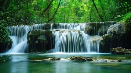 Fototapeta premium Beautiful waterfall in green forest, cascading over stones, stunning wallpaper.