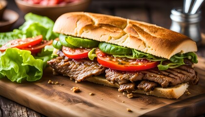 Homemade Puerto Rican Jibarito Steak Sandwich with Lettuce and Tomato
