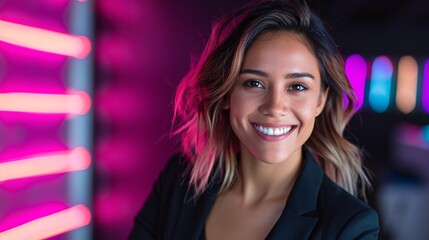 A beautiful woman in a stylish suit, smiling enchantingly in a surreal portrait. The background is mostly black, with a single neon light that adds an artistic touch. The diffused lighting enhances