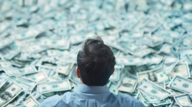 A man with pile of money finance cash concept. Could be metaphor of CEO compensation or capitalist greed, or inversely for success