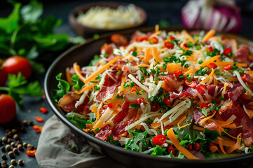 Tasty vegetables veggies salad with bacon, cheese, and egg