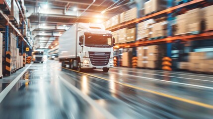 Fototapeta premium White semi-trailer truck driving through a warehouse with shelves full of boxes.