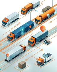 Isometric illustration of a truck fleet with connected delivery routes and logistics network.