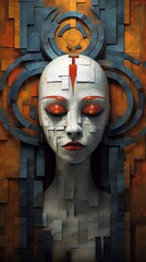 Artistic portrayal of a futuristic female face adorned with geometric patterns and vibrant colors, featuring red and blue accents