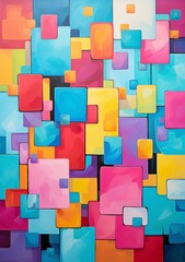 Colorful abstract composition of overlapping geometric shapes in various shades and hues