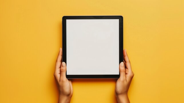 Close-up of hands holding a sqaure tablet with a blank screen against a vibrant yellow background, ideal for showcasing digital content