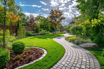 Beautiful garden with a stone path and vibrant flowers.