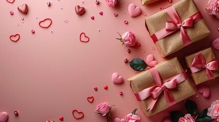 romantic valentines day vertical banner,gifts,hearts on pink background flat lay top view.stock image